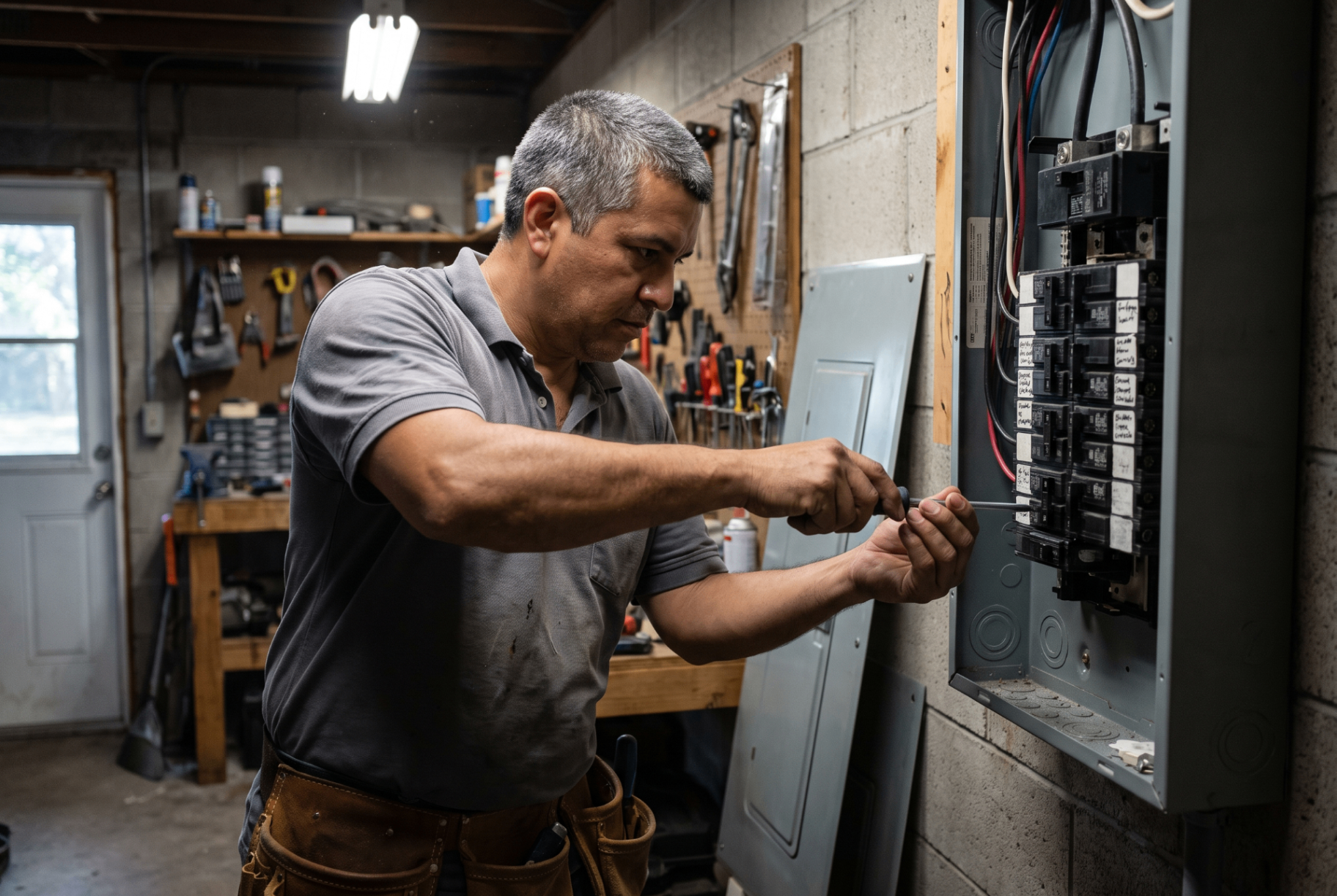 Electrician working inside an open residential electrical panel