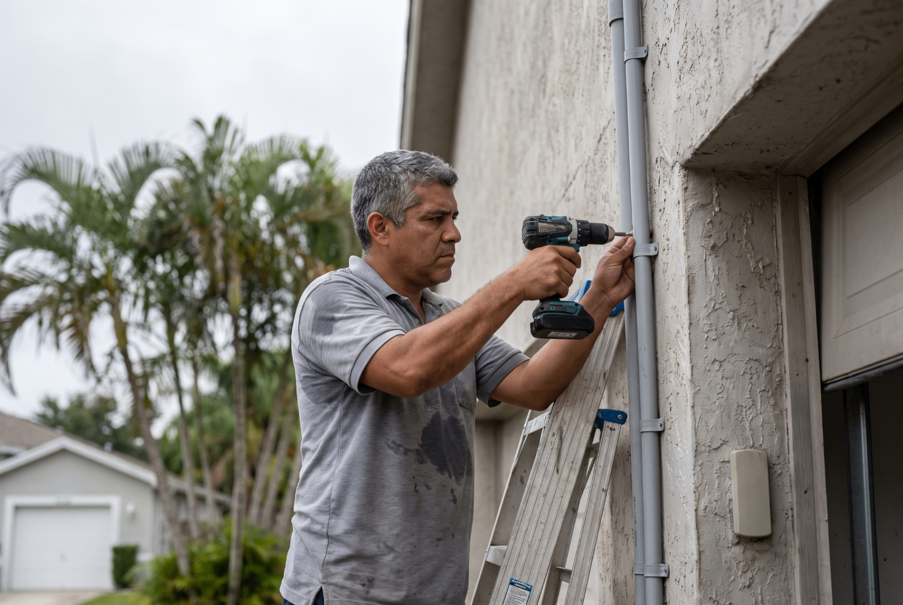 Electrician fastening conduit to the exterior wall of a Florida home