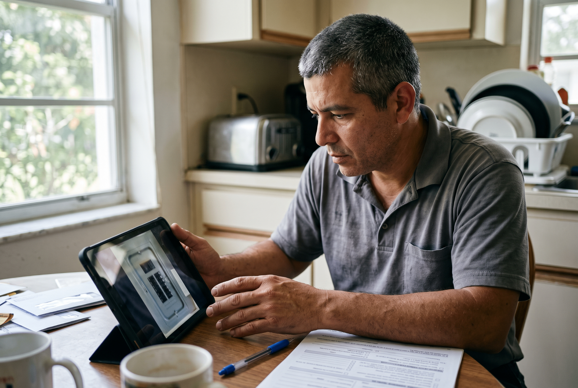 Homeowner reviewing an electrical panel photo and installation paperwork