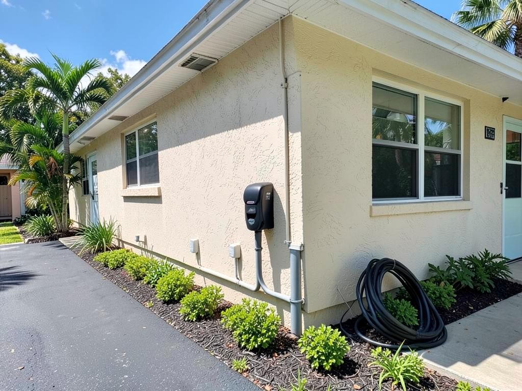 Weatherproof EV charger mounted on the exterior wall beside the driveway