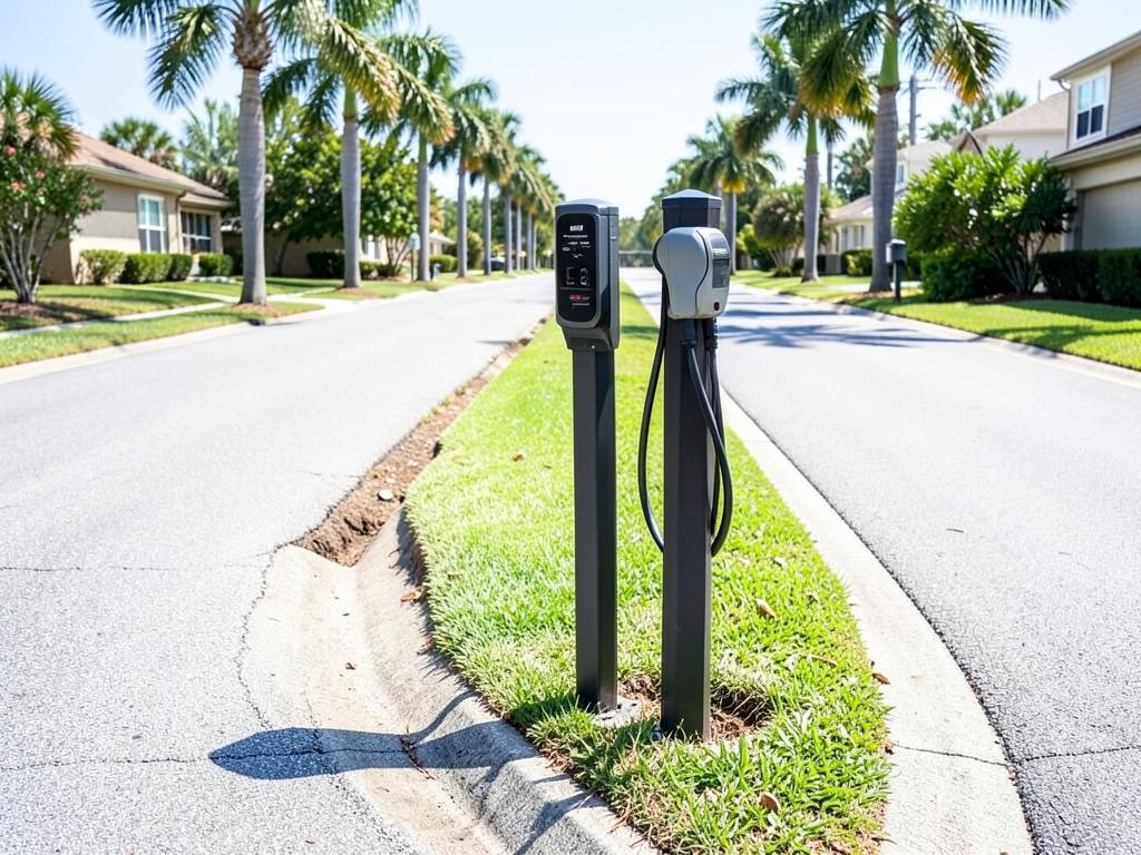 Freestanding EV charging pedestal at the edge of the driveway