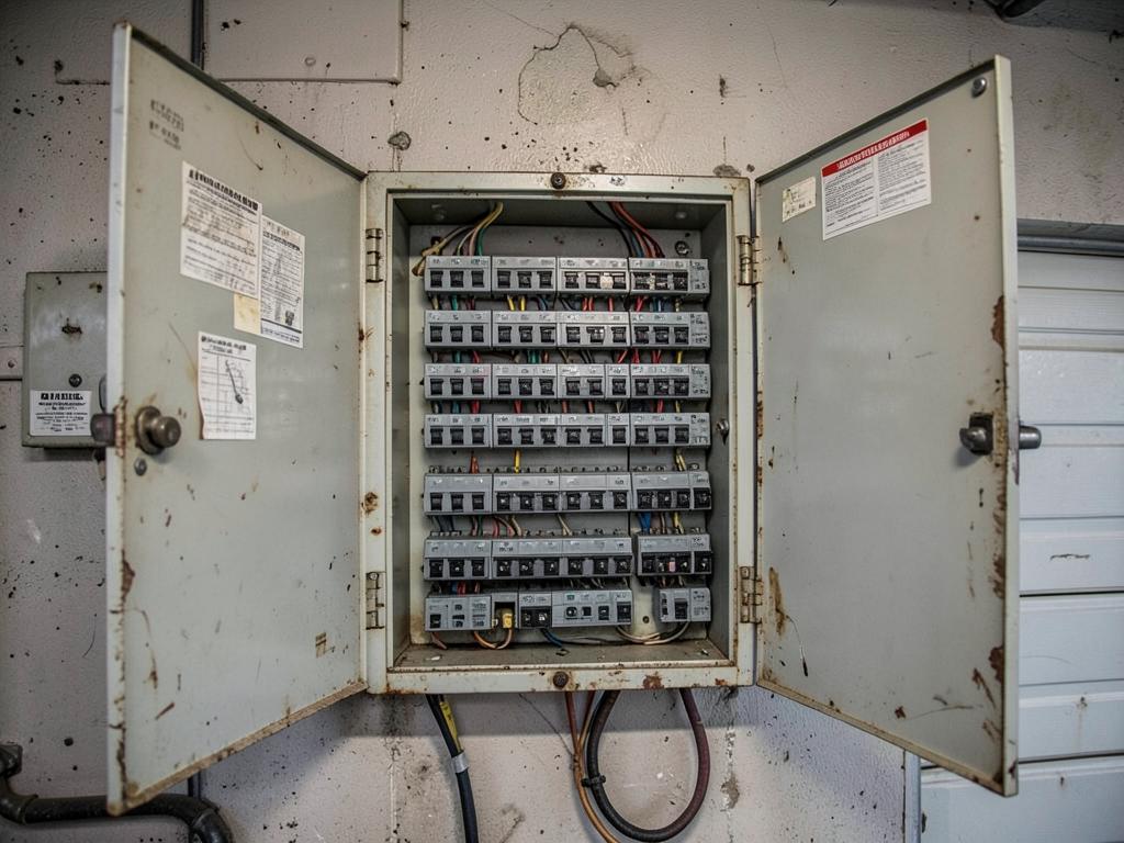 Old crowded breaker panel with no free slots before the upgrade