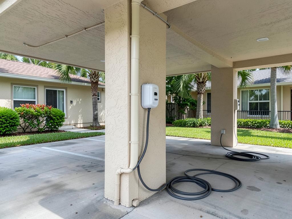 EV charger mounted on a carport column after installation