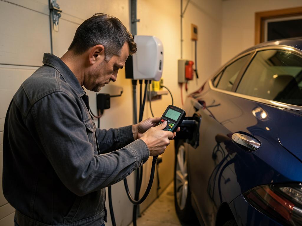 Electrician testing a new charger with a meter next to a plugged-in car